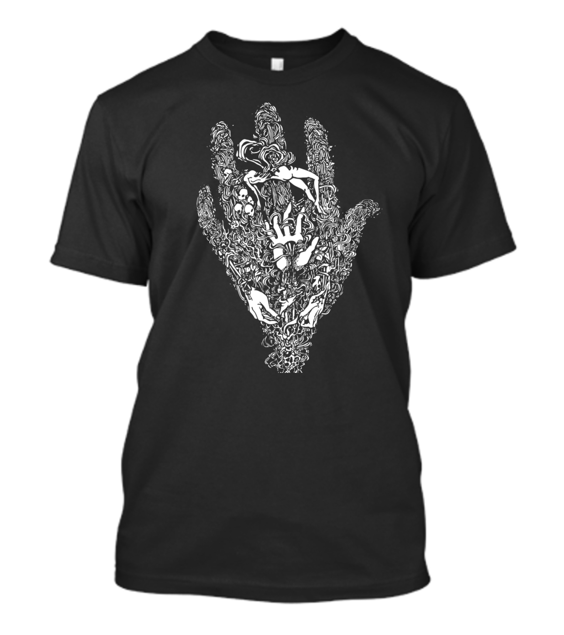 The Sacrifice Intricate Hand Design Featuring Human Forms And Skulls In Detailed Composition T-Shirt