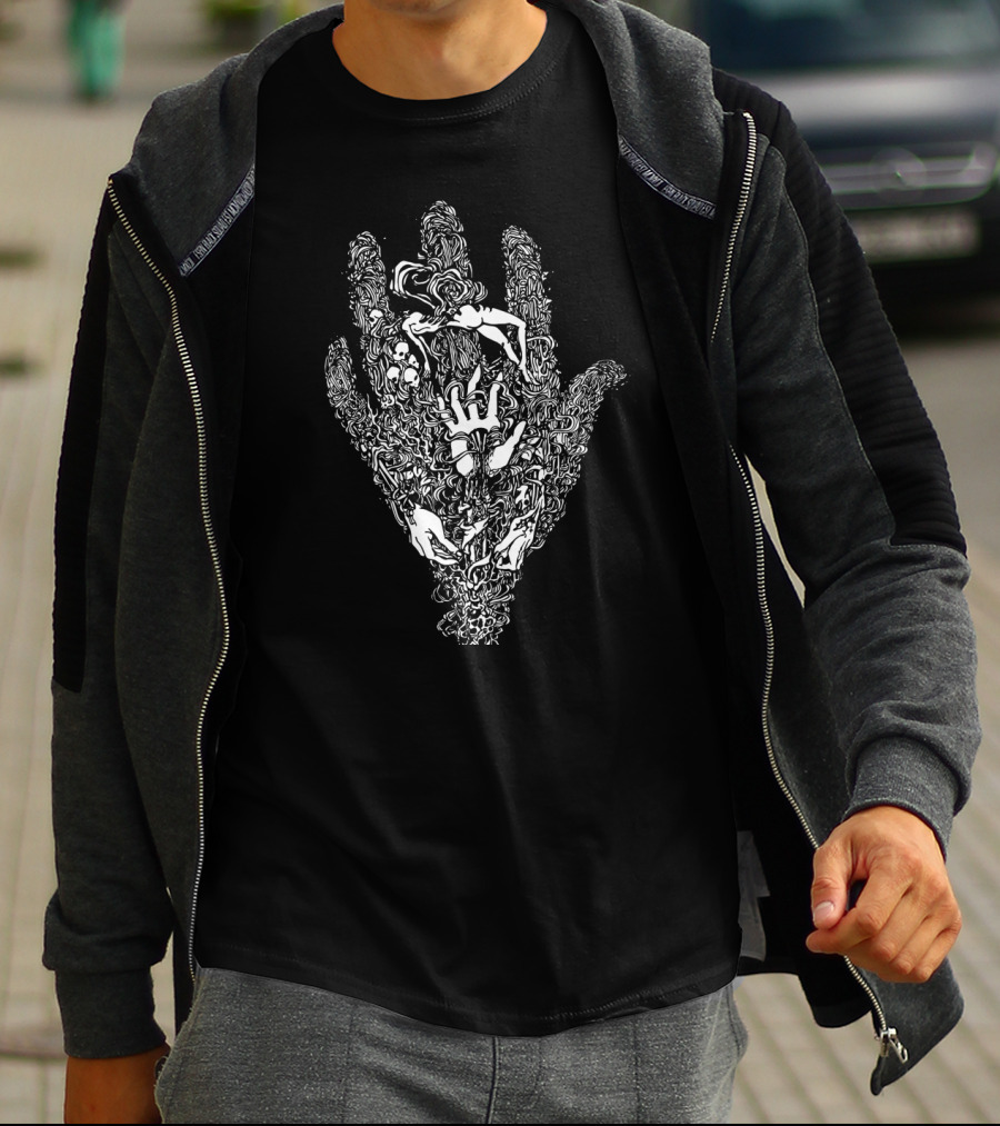 The Sacrifice Intricate Hand Design Featuring Human Forms And Skulls In Detailed Composition T-Shirt