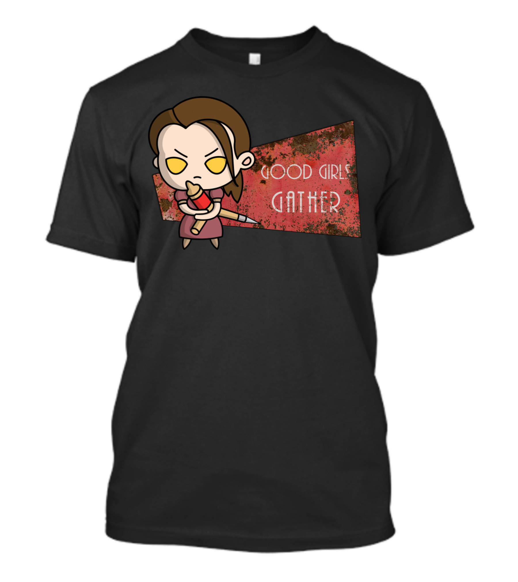 Good Girls Gather Cute Chibi Character With Red Paintbrush On Grungy T-Shirt