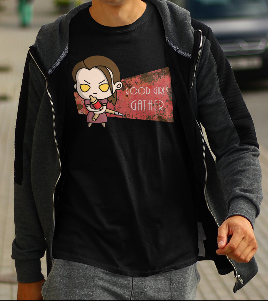 Good Girls Gather Cute Chibi Character With Red Paintbrush On Grungy T-Shirt