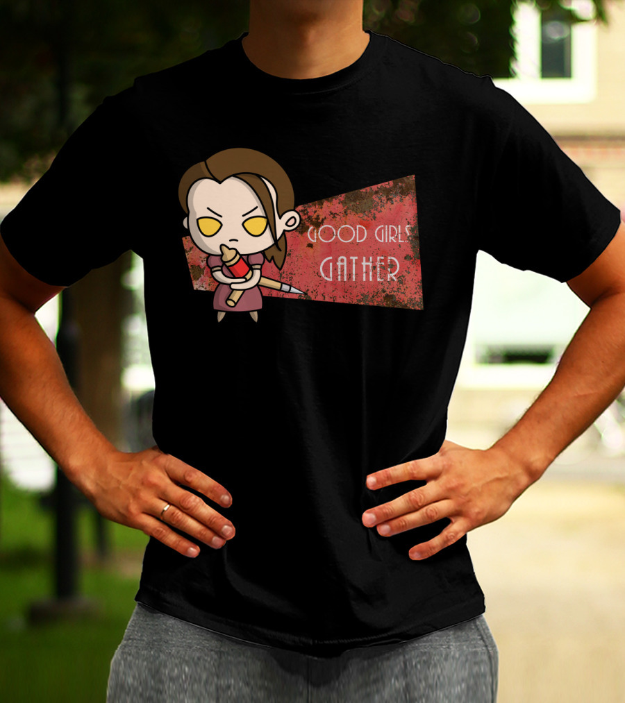 Good Girls Gather Cute Chibi Character With Red Paintbrush On Grungy T-Shirt