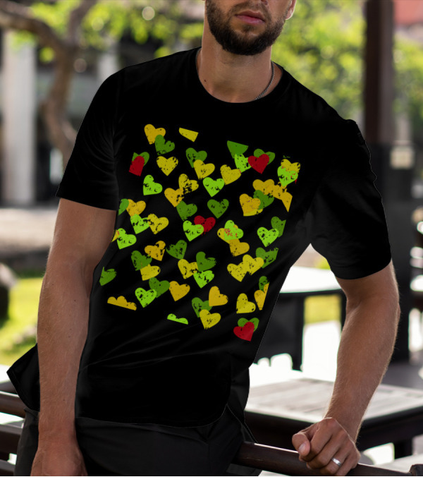 Autumn Hearts Pattern With Red Green Yellow Seasonal T-Shirt