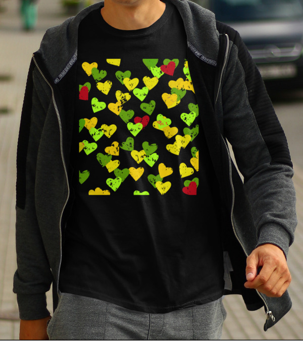 Autumn Hearts Pattern With Red Green Yellow Seasonal T-Shirt