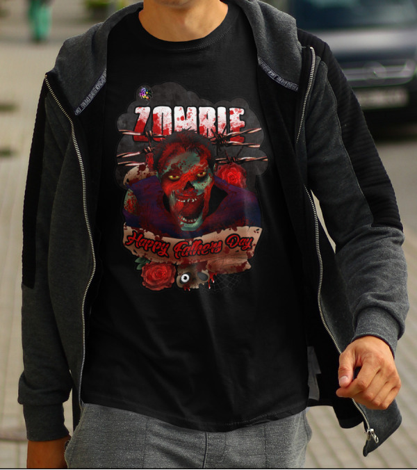 Zombie Happy Father's Day With Roses And Skull T-Shirt