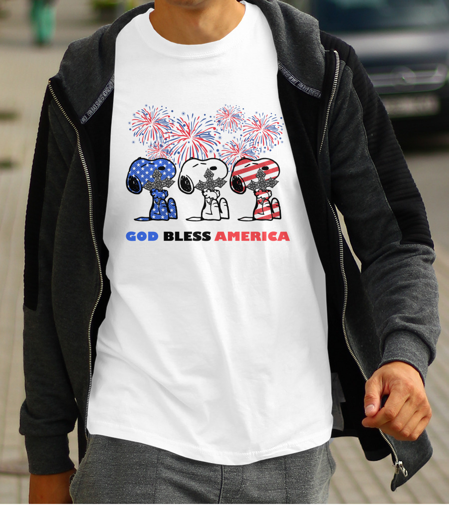 God Bless America Snoopy Cross Fireworks Fourth Of July T-Shirt