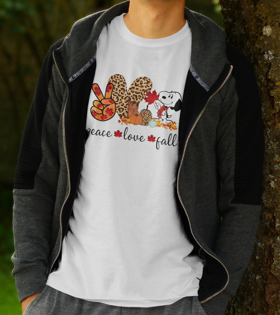Peace Love Fall Snoopy Leopard Print Pumpkin Leaves T-Shirt