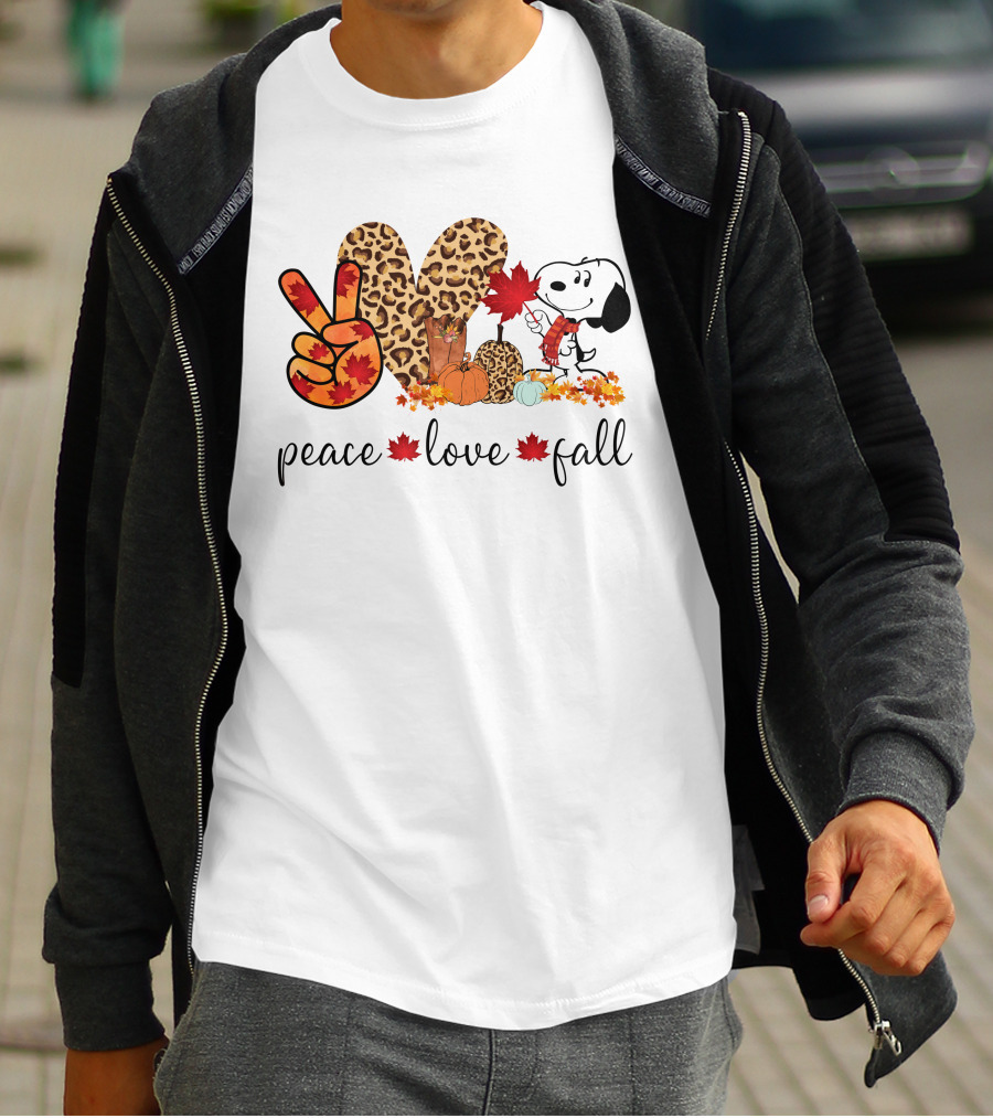 Peace Love Fall Snoopy Leopard Print Pumpkin Leaves T-Shirt