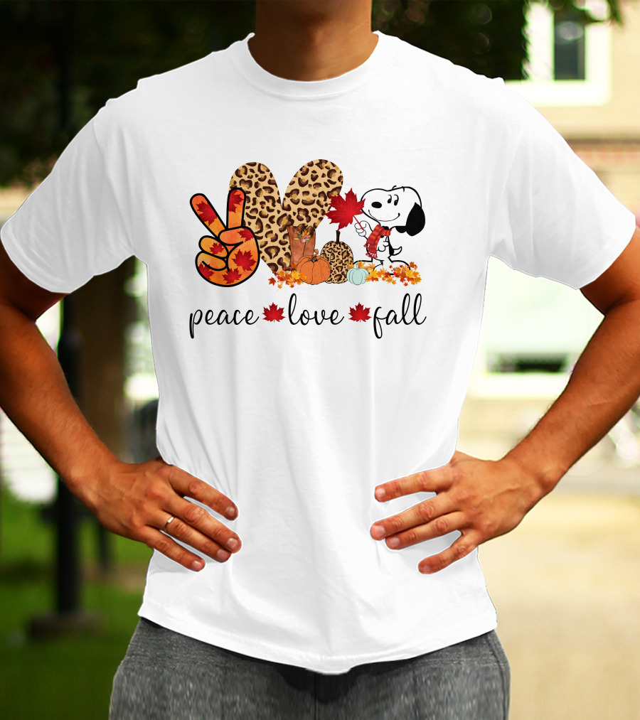 Peace Love Fall Snoopy Leopard Print Pumpkin Leaves T-Shirt