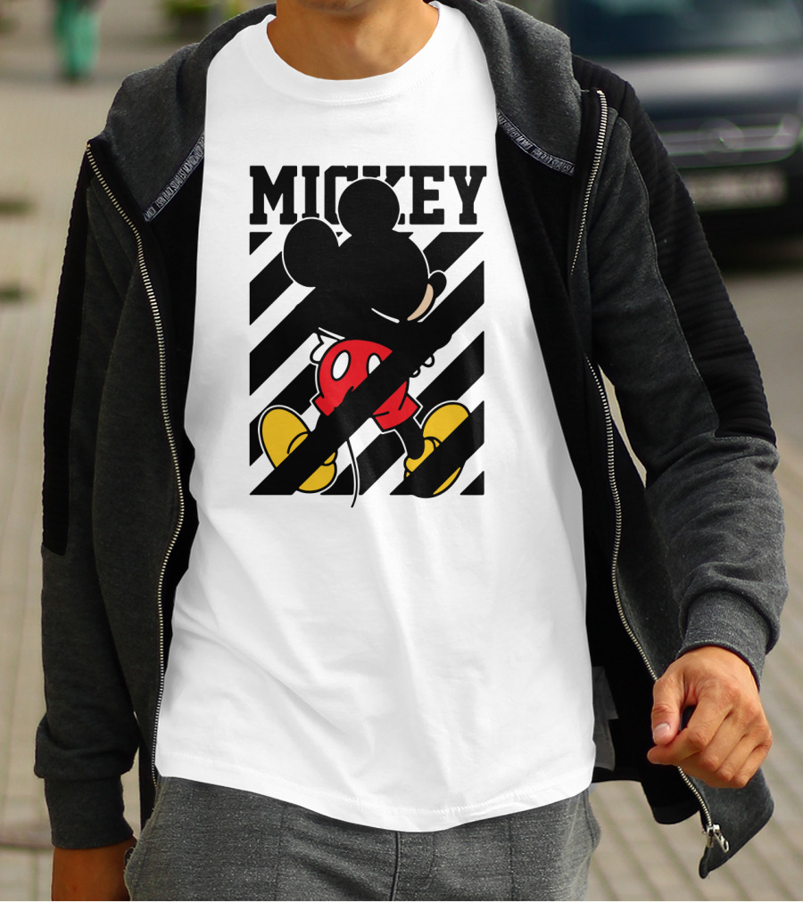 Mickey Mouse Black And White Stripes Red Yellow T-Shirt
