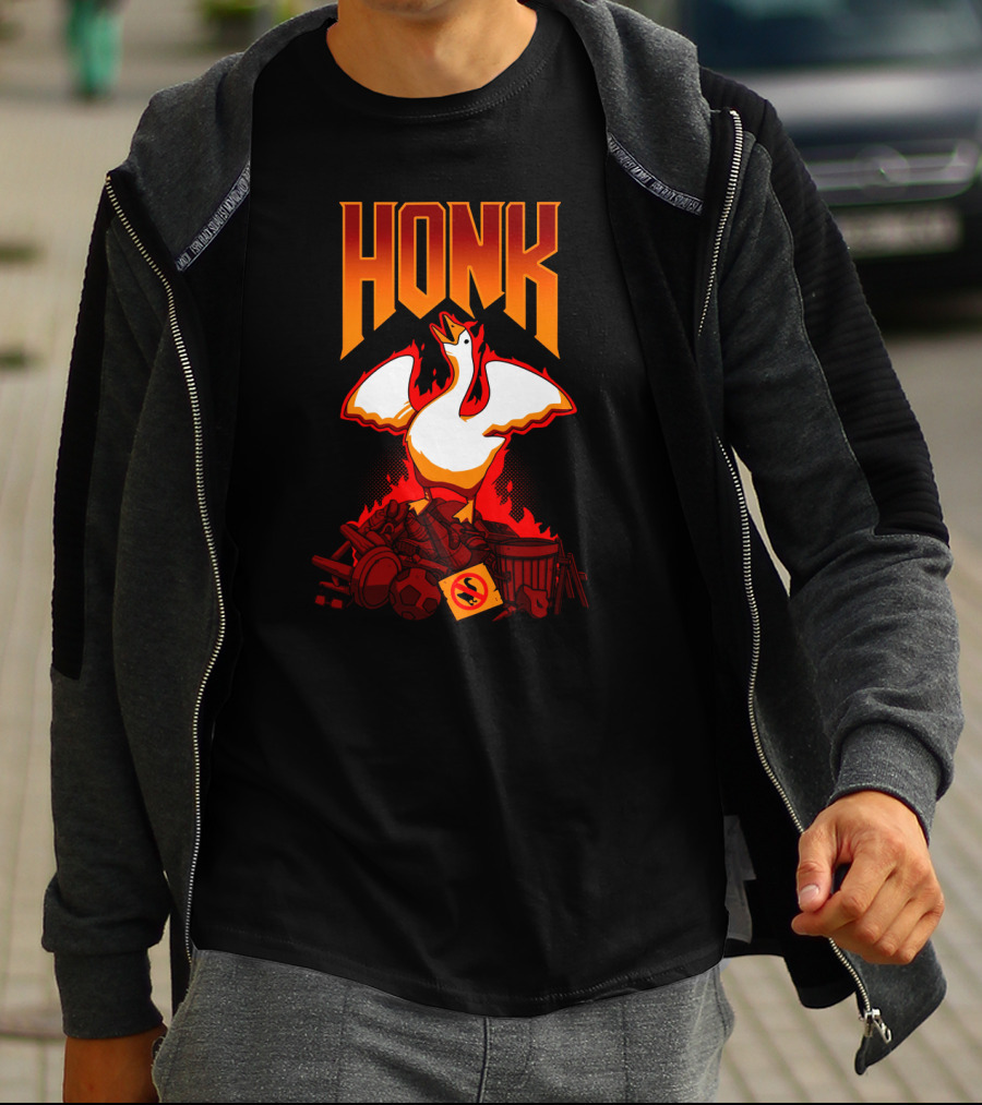 HONK Goose On Junk Pile With Flames T-Shirt