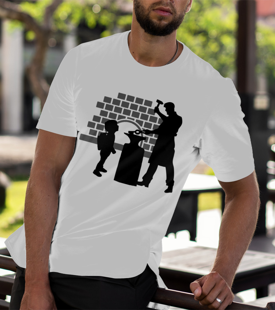 Blacksmith Father Silhouette With Child And Brick Forge Background T-Shirt