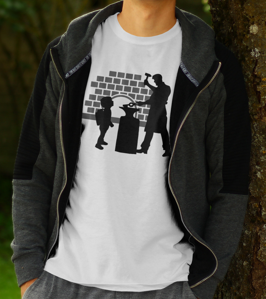 Blacksmith Father Silhouette With Child And Brick Forge Background T-Shirt