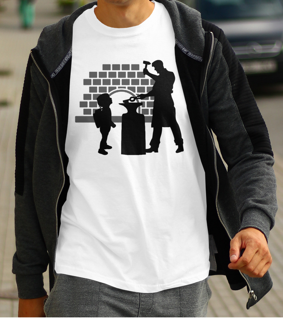 Blacksmith Father Silhouette With Child And Brick Forge Background T-Shirt