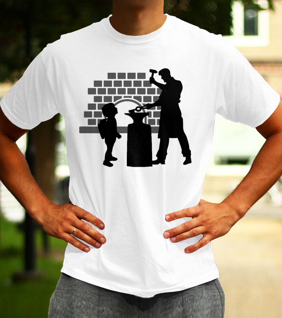 Blacksmith Father Silhouette With Child And Brick Forge Background T-Shirt