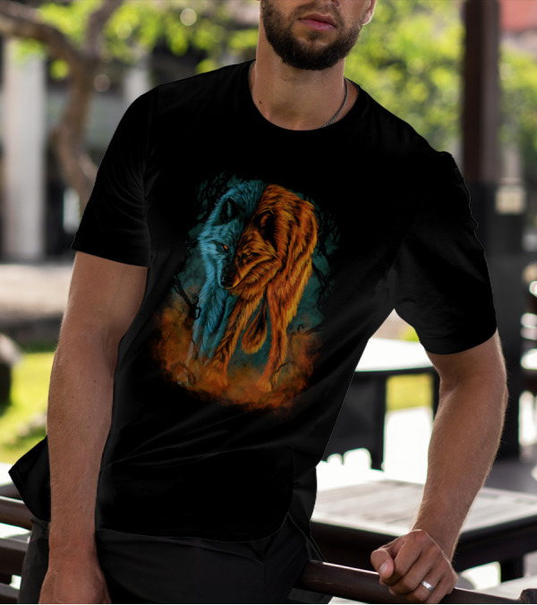 Dual Nature Wolf: Fire And Ice Elements Blend T-Shirt