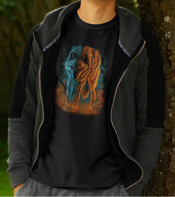 Dual Nature Wolf: Fire And Ice Elements Blend T-Shirt