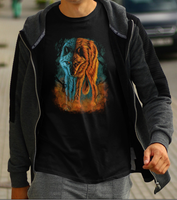 Dual Nature Wolf: Fire And Ice Elements Blend T-Shirt