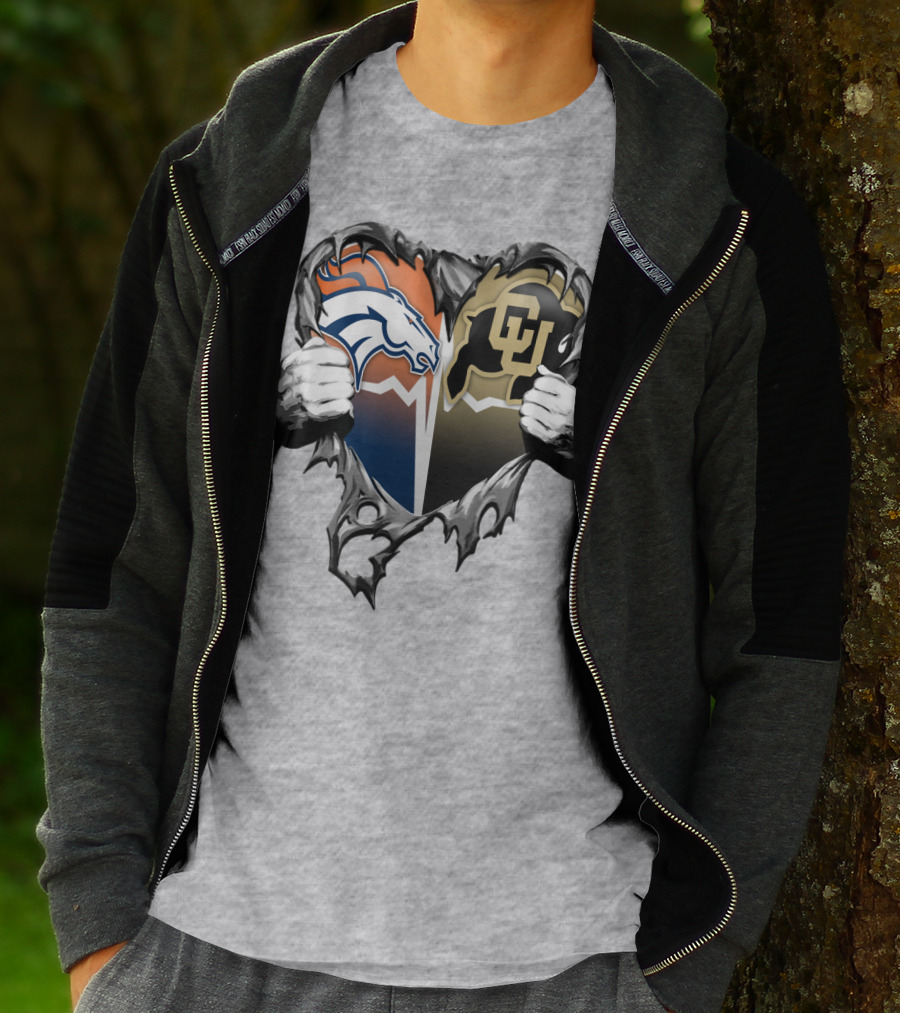 Denver Broncos And Colorado Buffaloes Heart Logo Rip T-Shirt