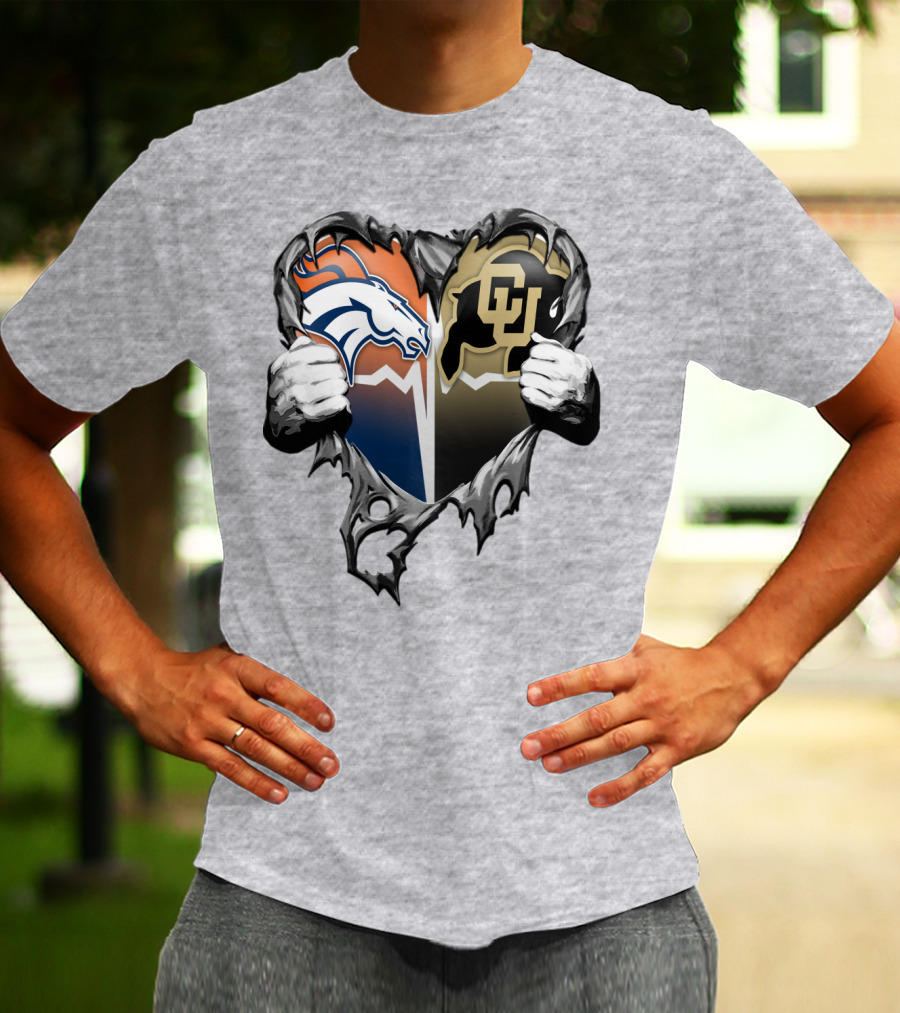Denver Broncos And Colorado Buffaloes Heart Logo Rip T-Shirt