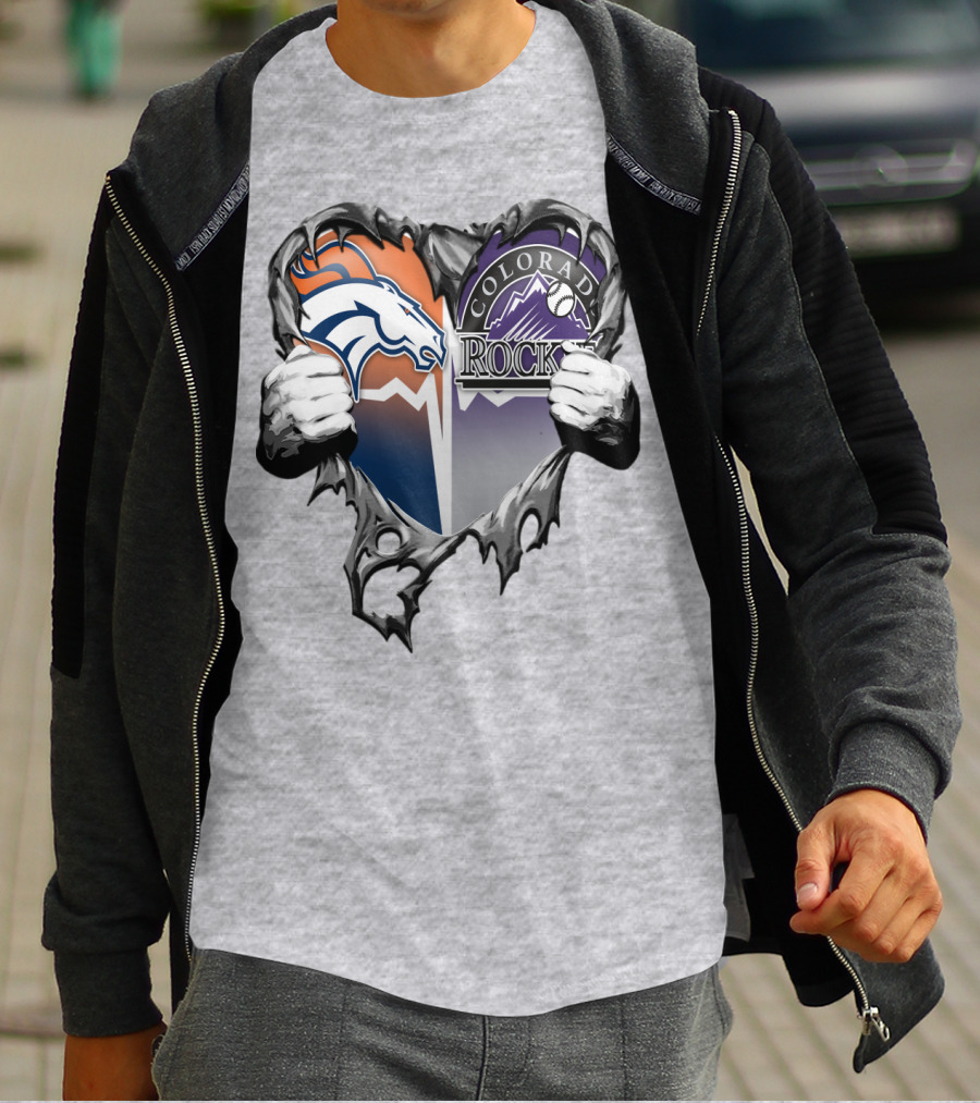 Denver Broncos Colorado Rockies Split Heart T-Shirt