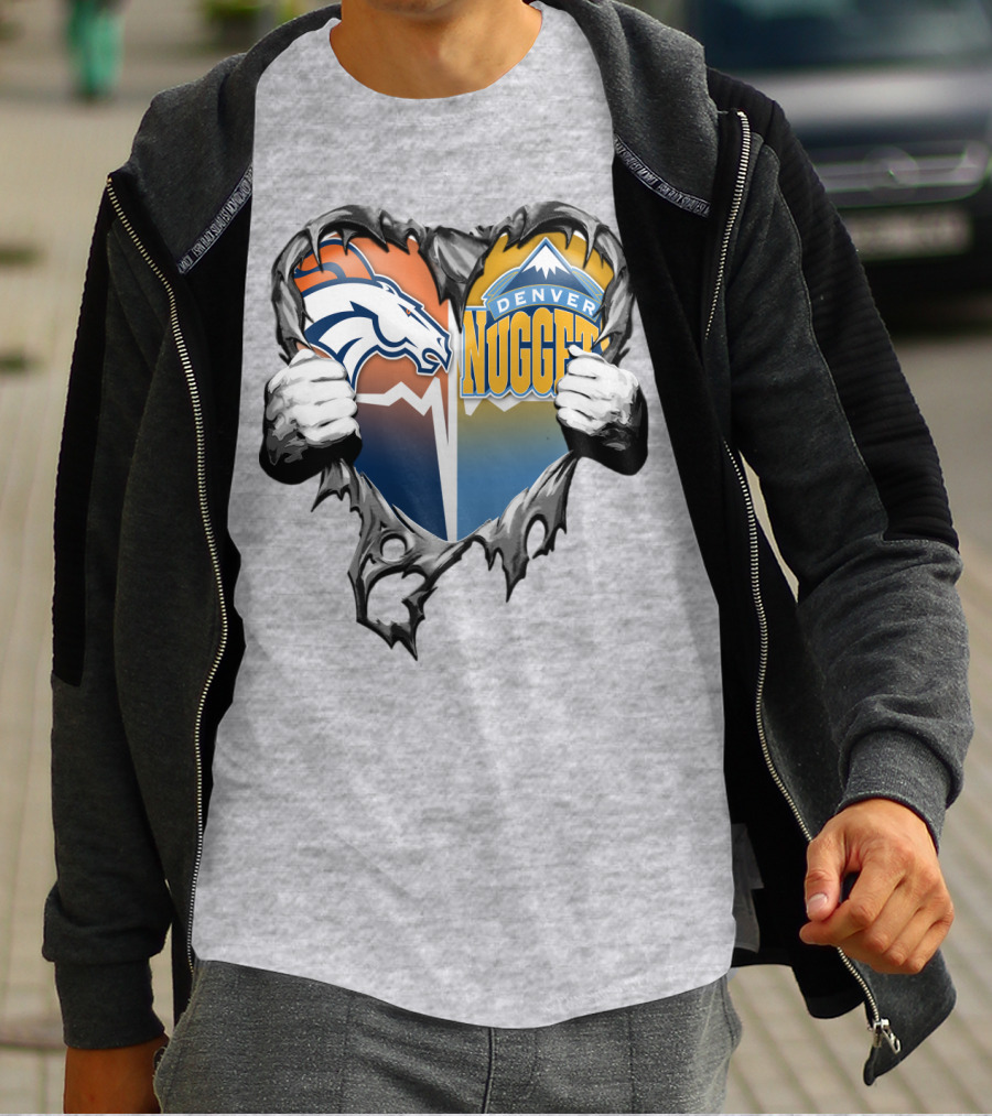 Broncos Nuggets Torn Heart Logo Fusion T-Shirt