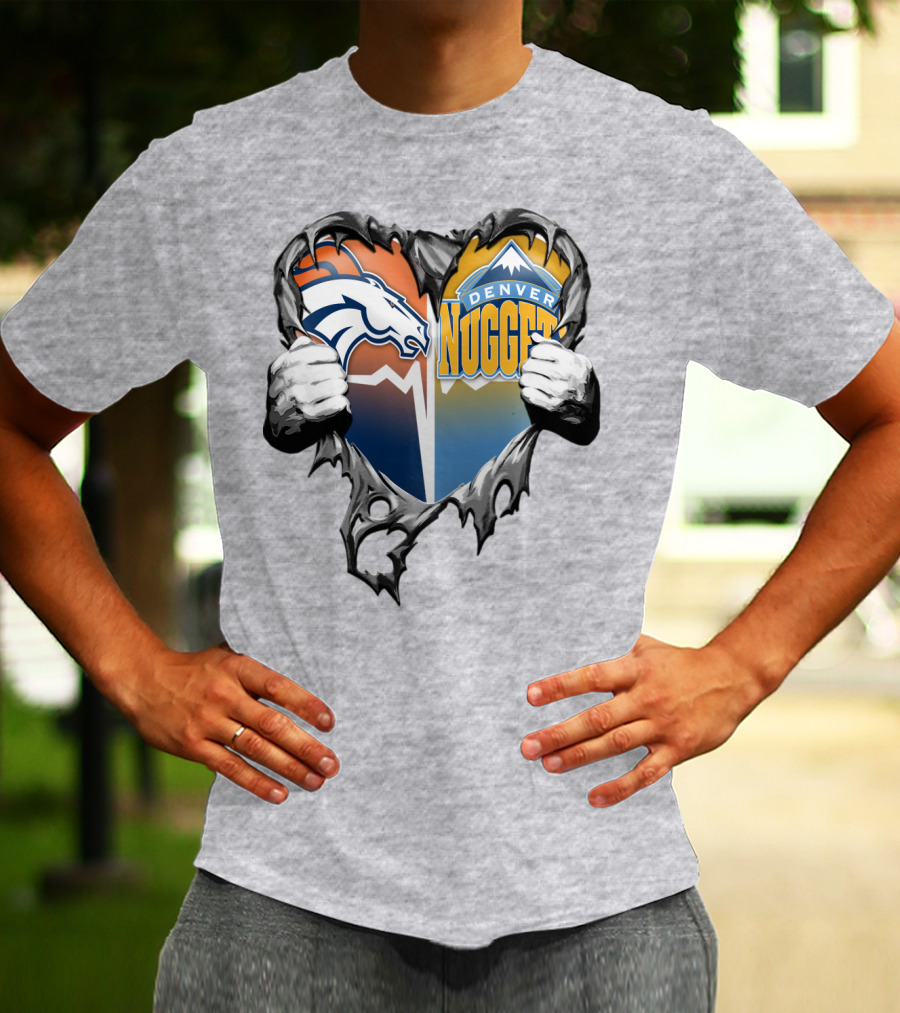 Broncos Nuggets Torn Heart Logo Fusion T-Shirt