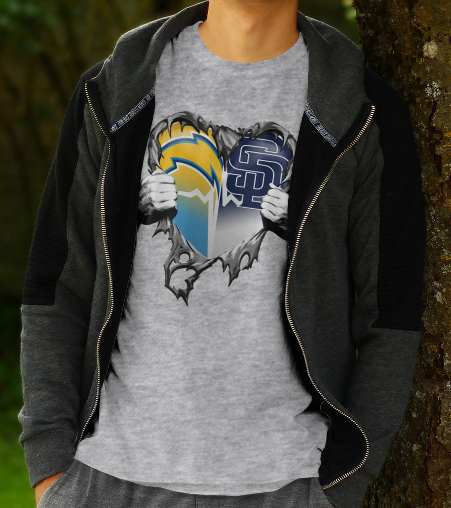 Los Angeles Chargers San Diego Padres Heart Logo Fusion T-Shirt