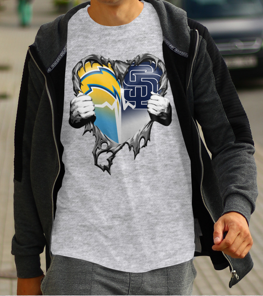 Los Angeles Chargers San Diego Padres Heart Logo Fusion T-Shirt
