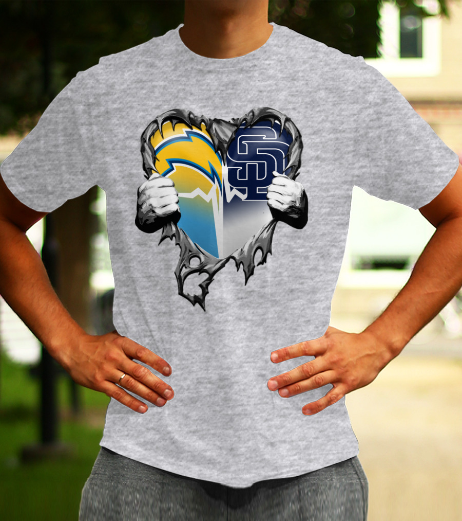 Los Angeles Chargers San Diego Padres Heart Logo Fusion T-Shirt