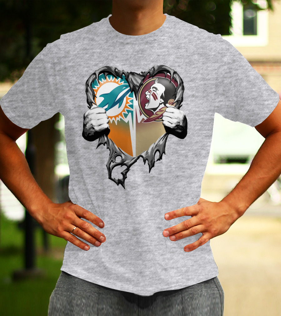 Miami Dolphins Florida State Seminoles Heart Tear T-Shirt