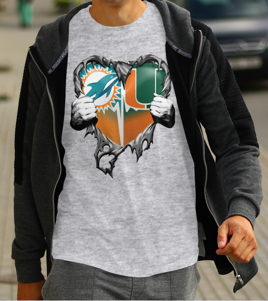 Miami Dolphins And Miami Hurricanes Heart T-Shirt