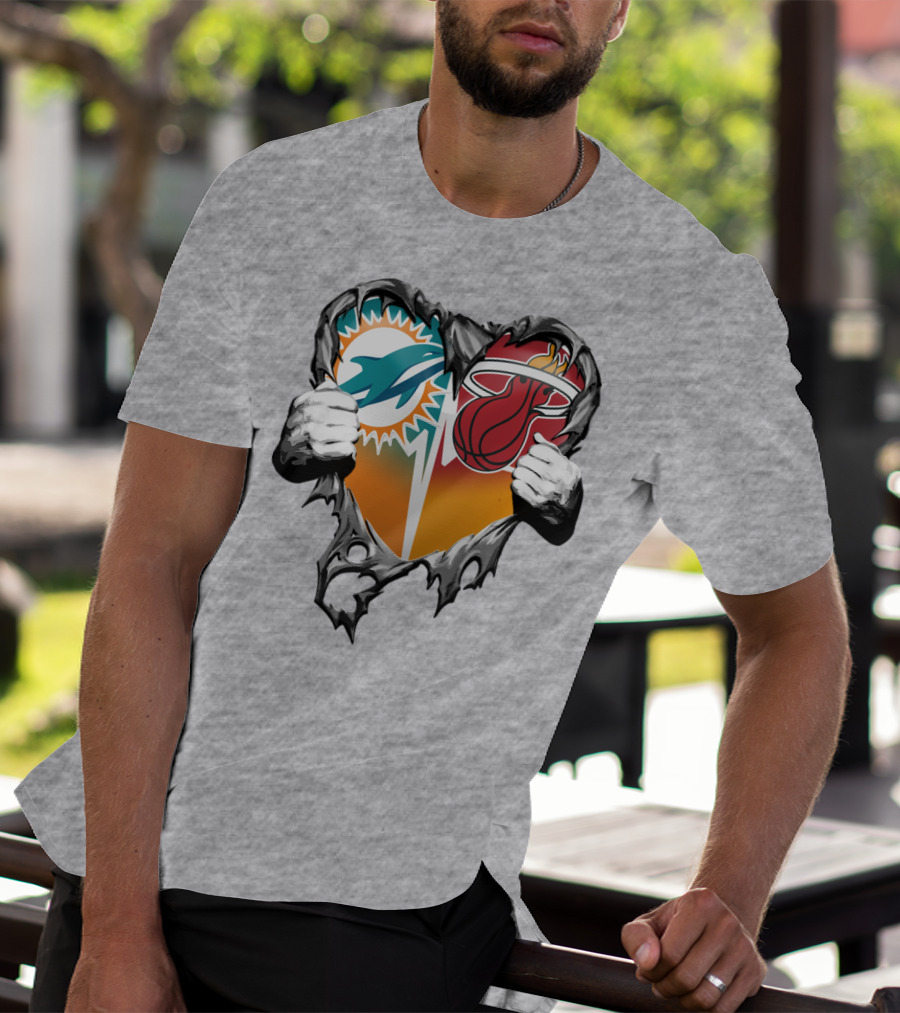 Miami Dolphins Miami Heat Heart Hands T-Shirt