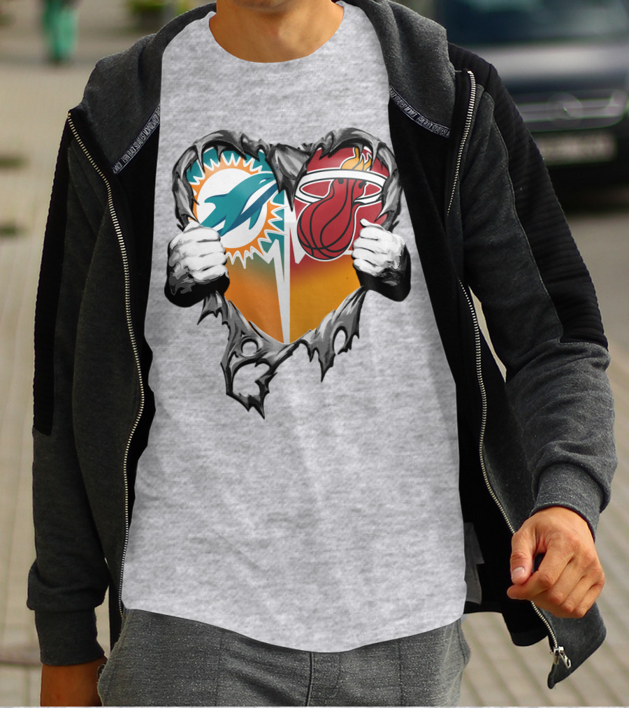 Miami Dolphins Miami Heat Heart Hands T-Shirt