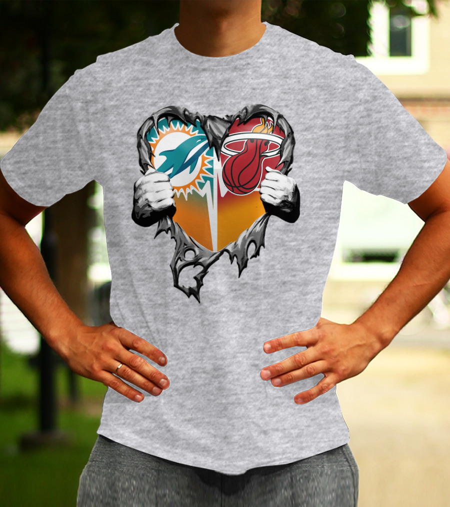 Miami Dolphins Miami Heat Heart Hands T-Shirt