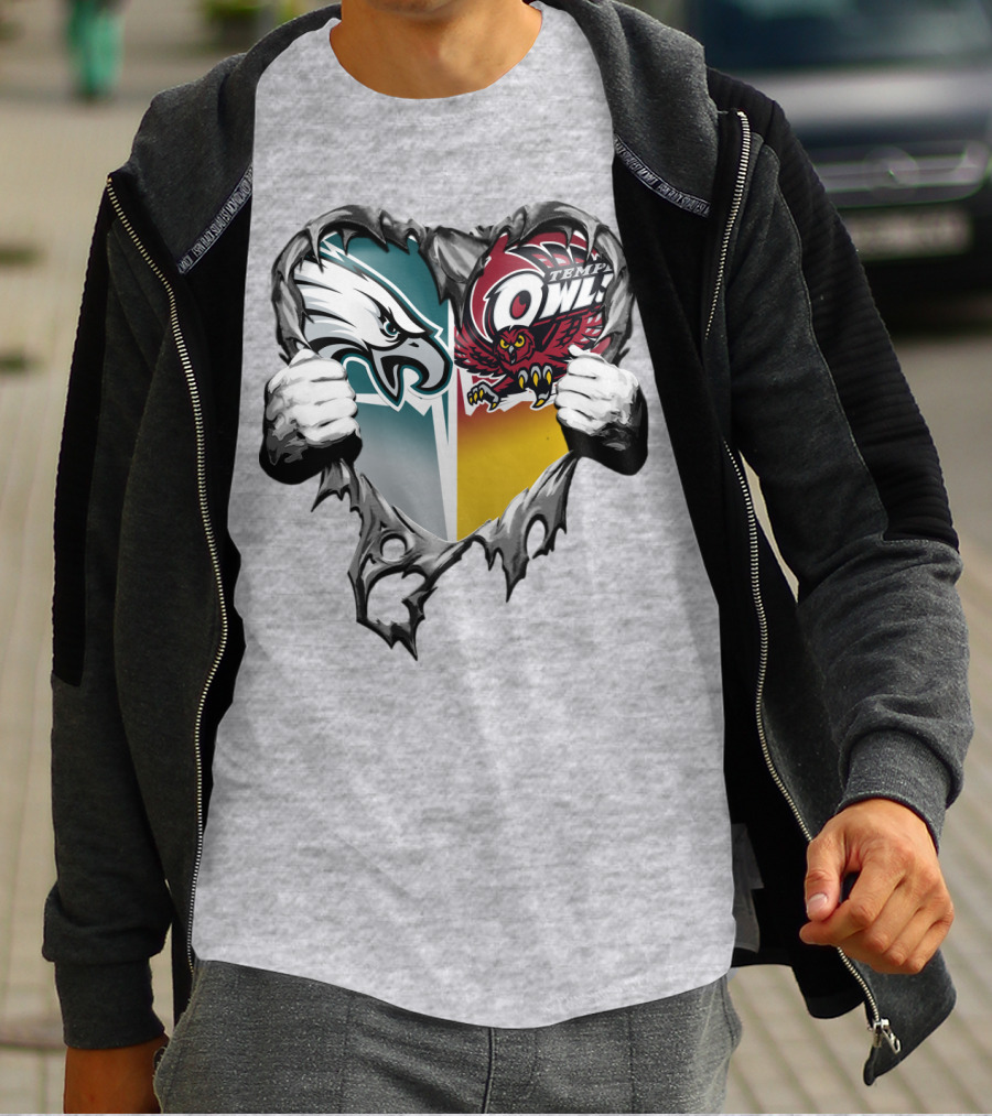 Philadelphia Eagles Temple Owls Heart Logo Rip T-Shirt