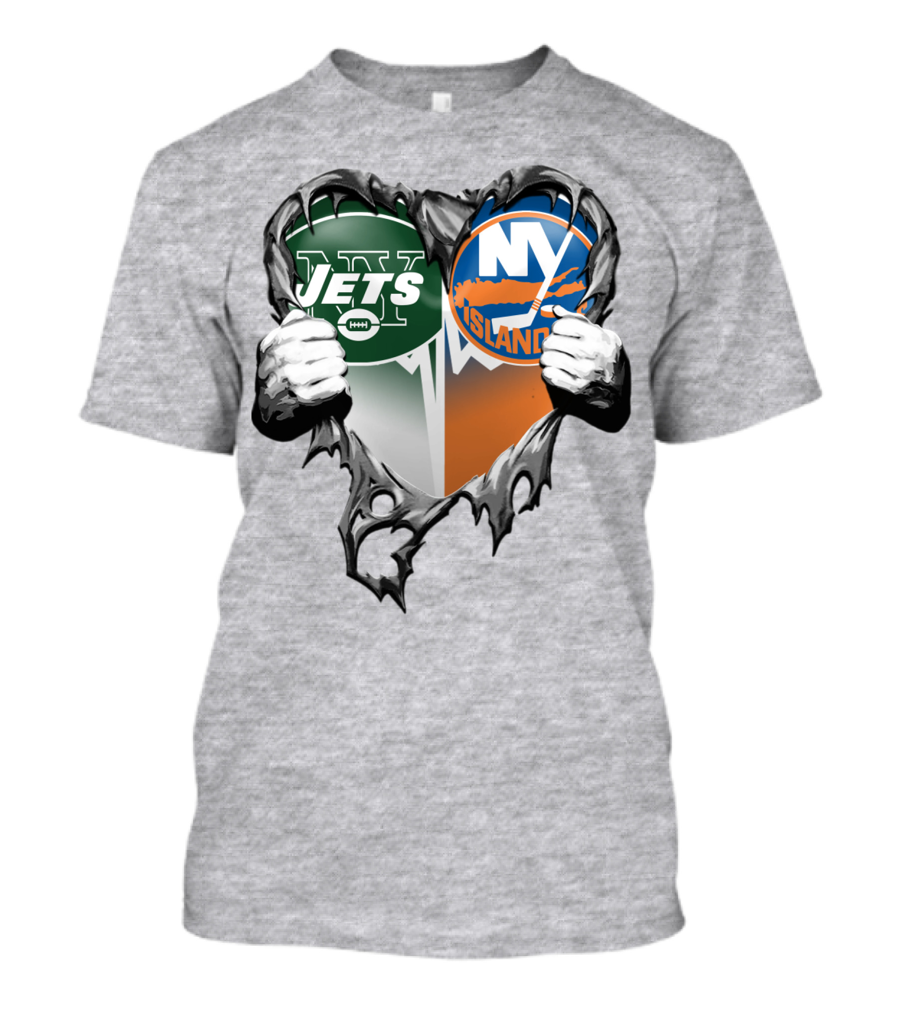 Jets Islanders Heart Rip Torn Metal Hands T-Shirt