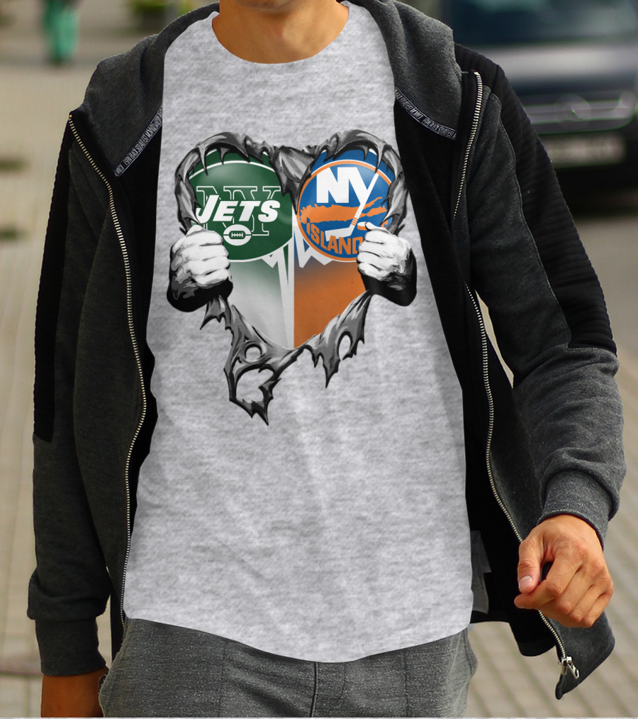 Jets Islanders Heart Rip Torn Metal Hands T-Shirt
