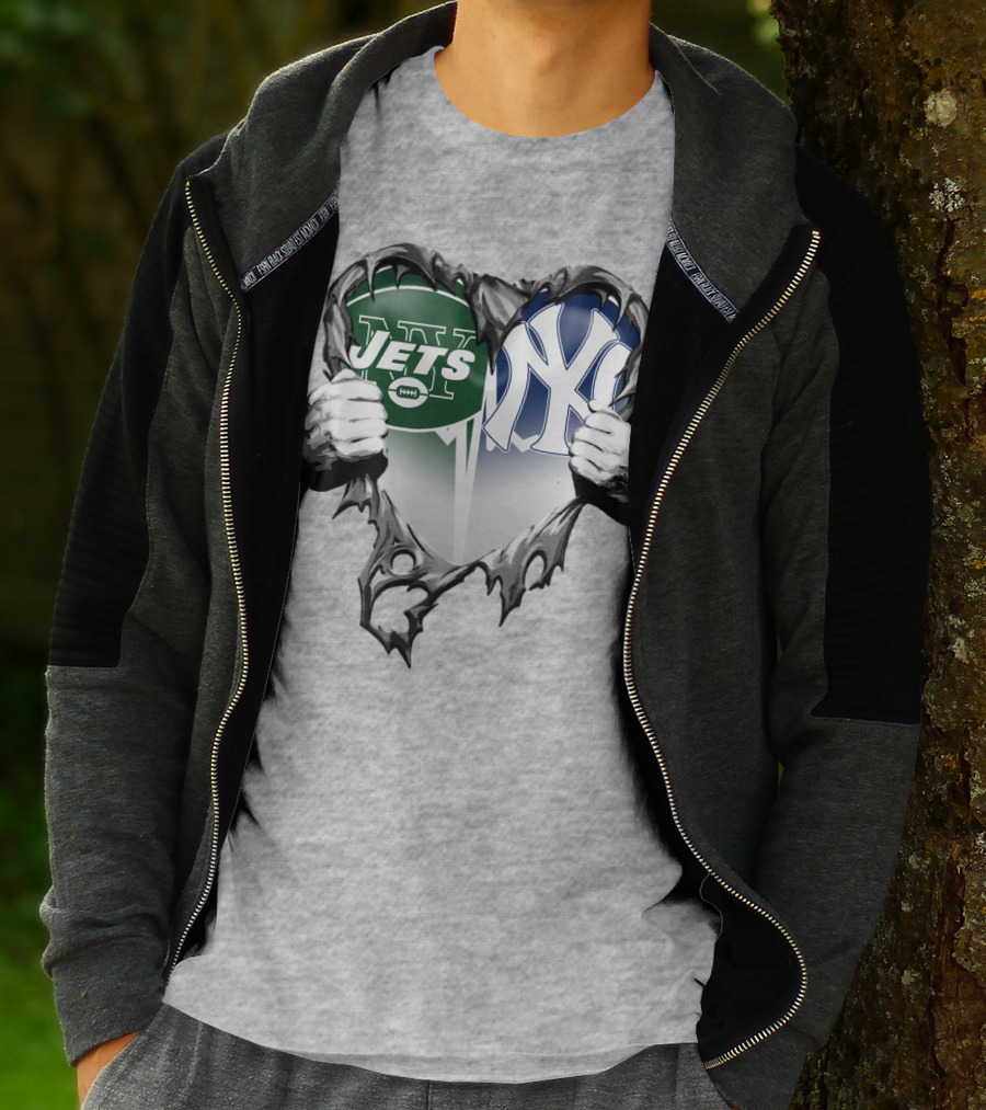 Jets And Yankees Heart Tear T-Shirt