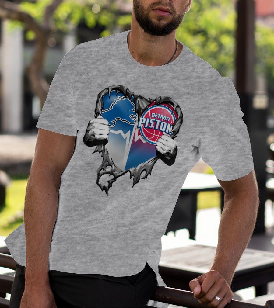 Detroit Lions And Detroit Pistons Heart Logo Fusion T-Shirt