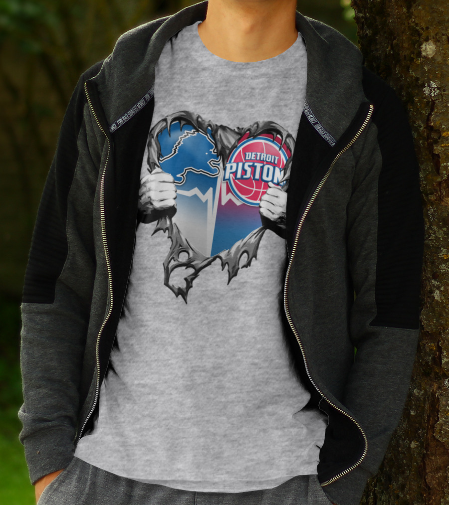 Detroit Lions And Detroit Pistons Heart Logo Fusion T-Shirt