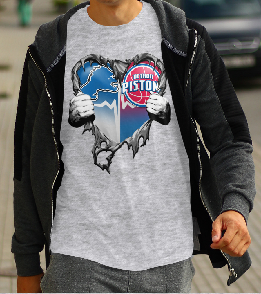Detroit Lions And Detroit Pistons Heart Logo Fusion T-Shirt