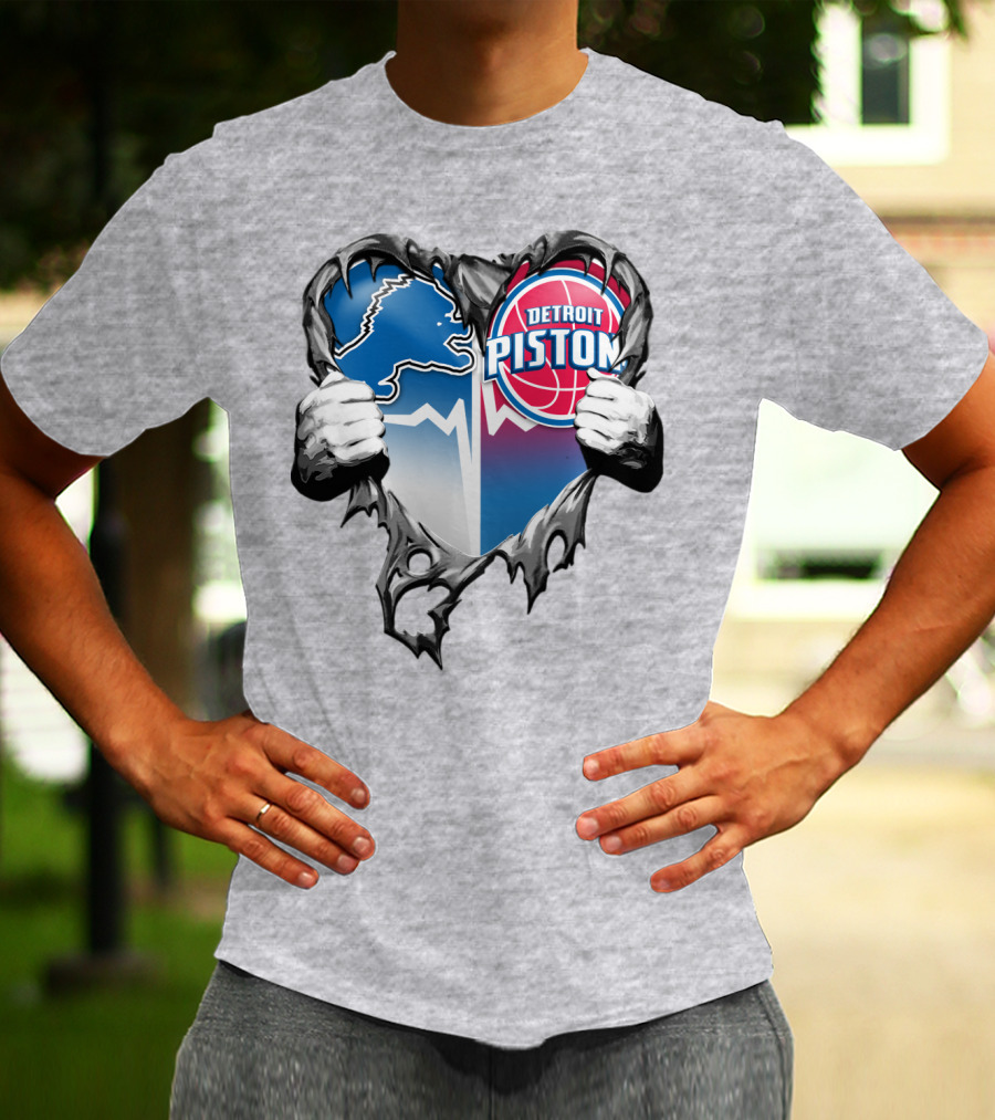 Detroit Lions And Detroit Pistons Heart Logo Fusion T-Shirt