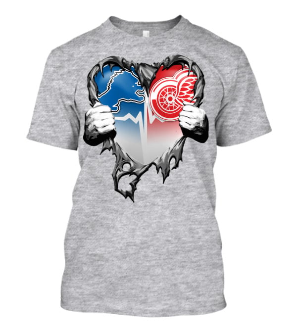 Xatt073 Detroit Lions Red Wings Heart Rip T-Shirt