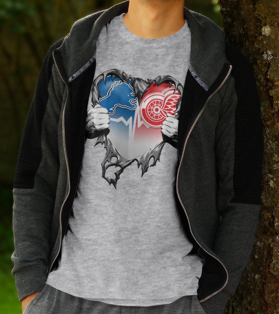 Xatt073 Detroit Lions Red Wings Heart Rip T-Shirt