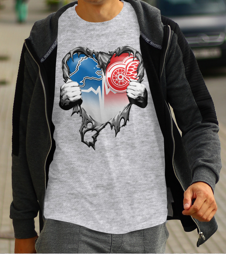 Xatt073 Detroit Lions Red Wings Heart Rip T-Shirt