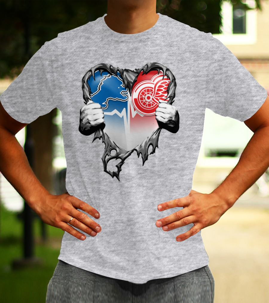 Xatt073 Detroit Lions Red Wings Heart Rip T-Shirt