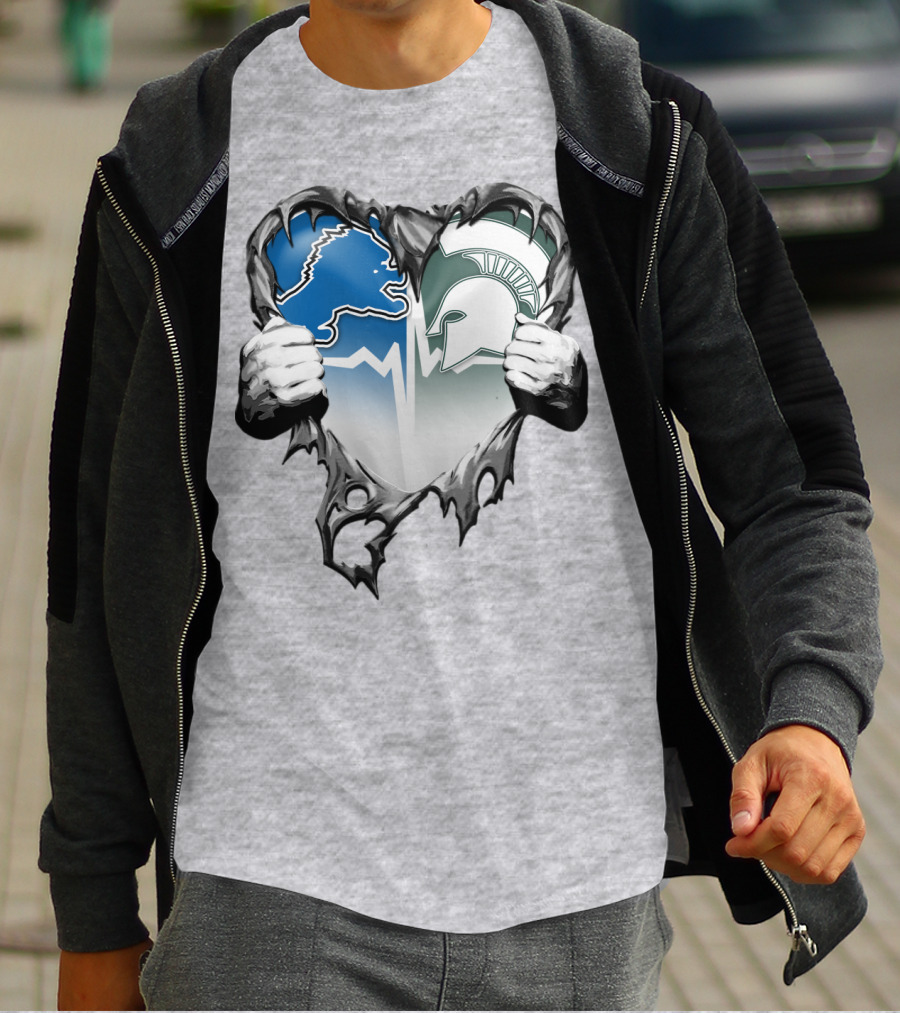 Detroit Lions And Michigan State Spartans Heart Logo Collaboration T-Shirt