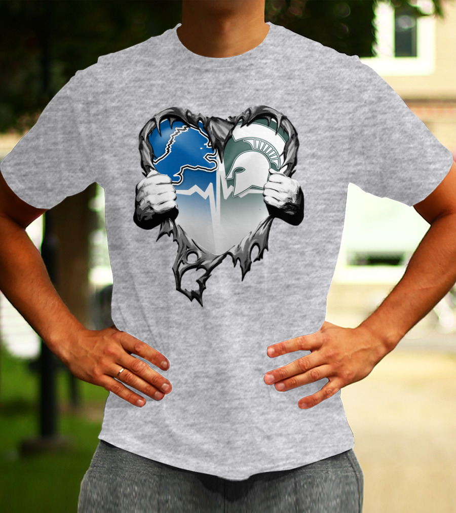 Detroit Lions And Michigan State Spartans Heart Logo Collaboration T-Shirt