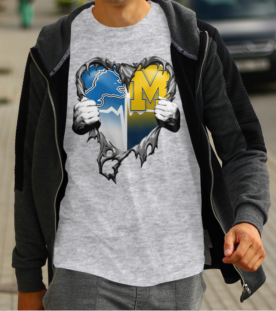 Detroit Lions And Michigan Wolverines Split Heart T-Shirt