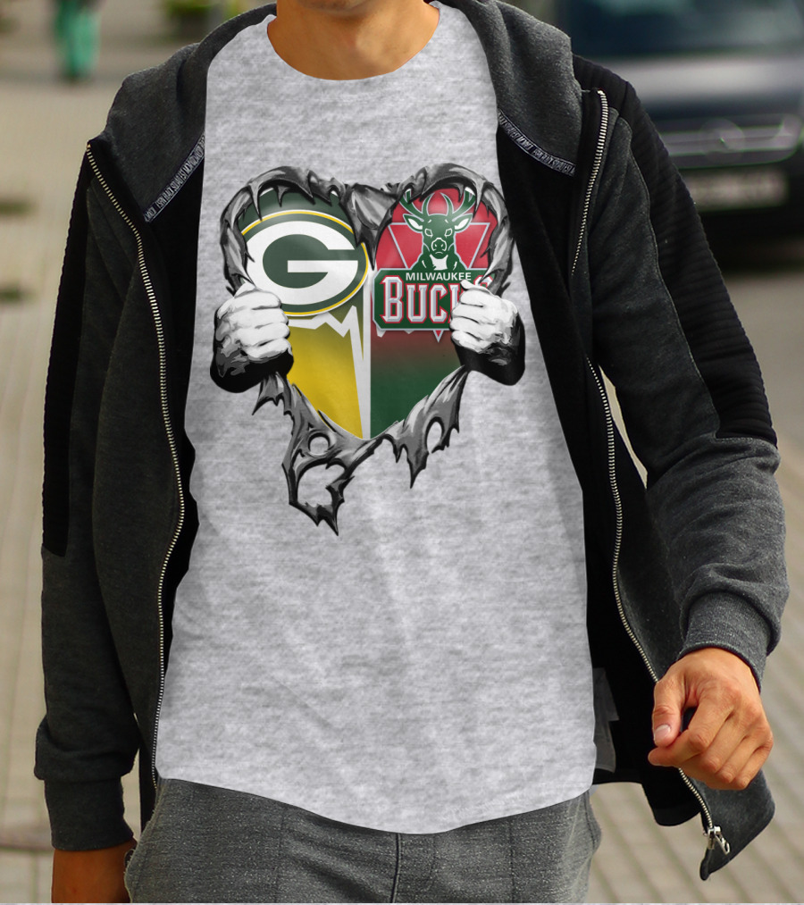 Green Bay Packers Milwaukee Bucks Heart T-Shirt
